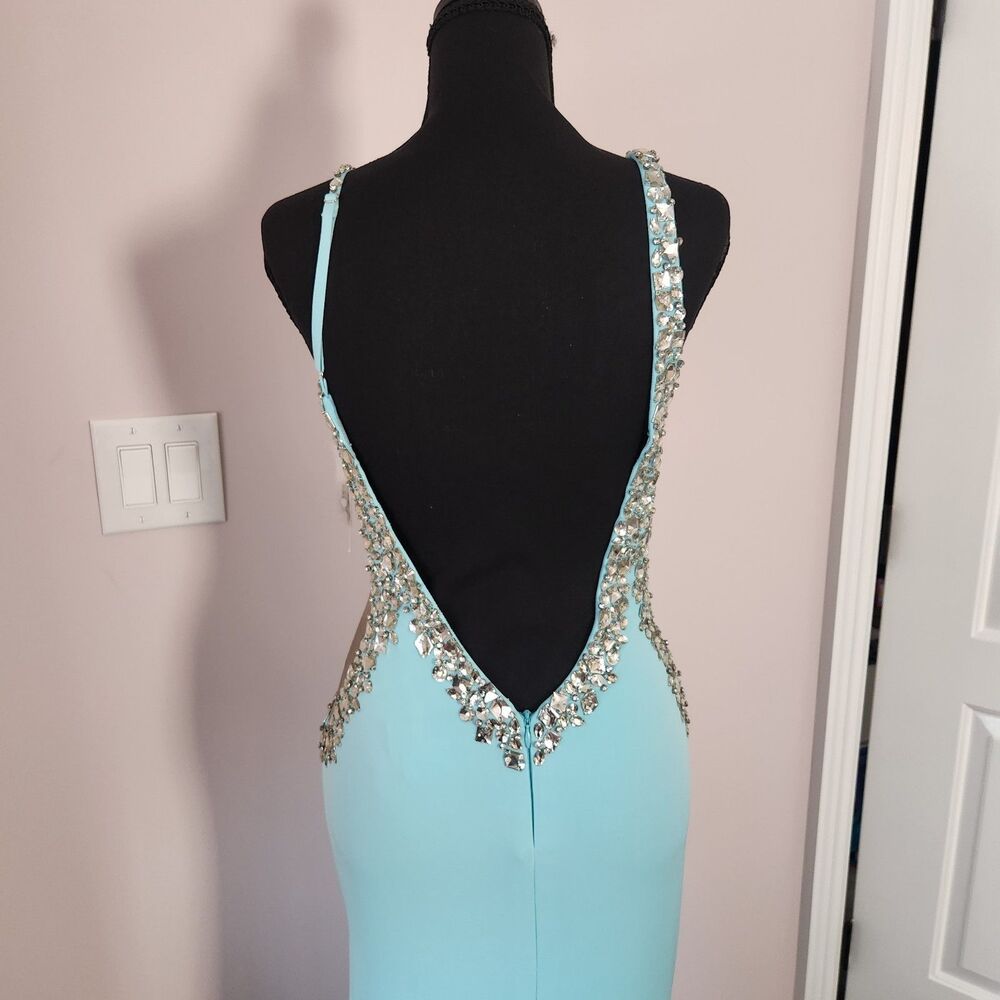 NWT-Jovani Couture Beaded Plunge Gown Tiffany Blue Slit Dress-Size 4 - Picture 12 of 16